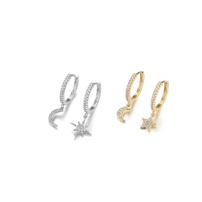 Simple Geometric Moon Snowflake Copper Inlaid Zirconium Irregular Earrings