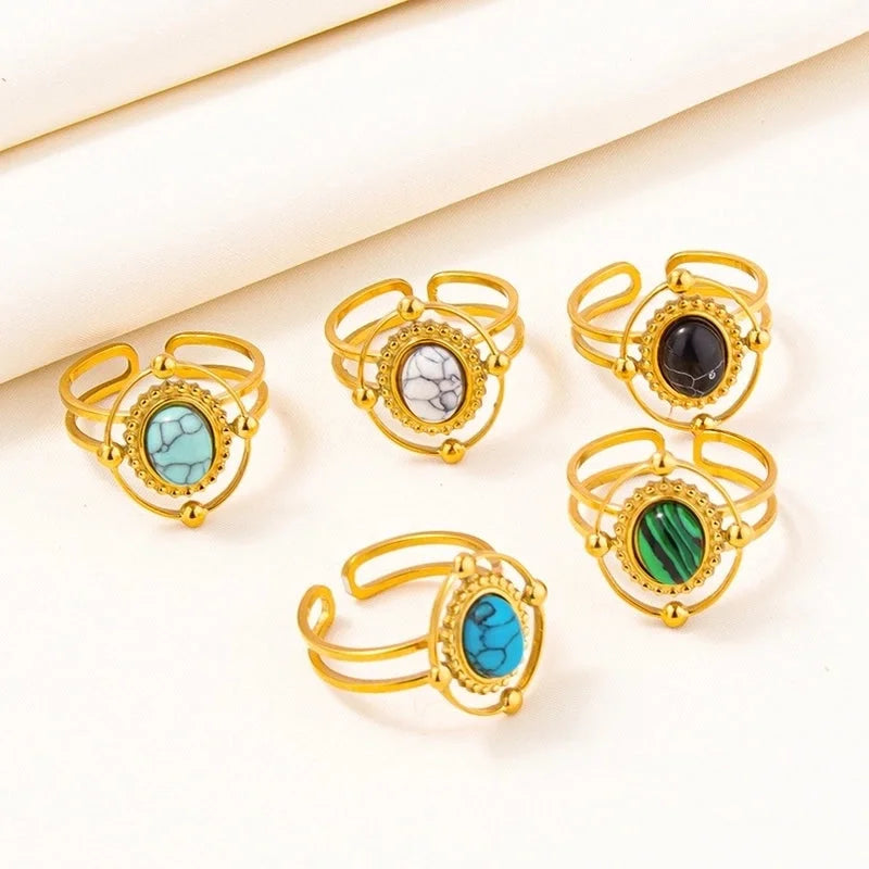 5 Pieces 304 Stainless Steel Retro Inlay Oval Artificial Gemstones Rings