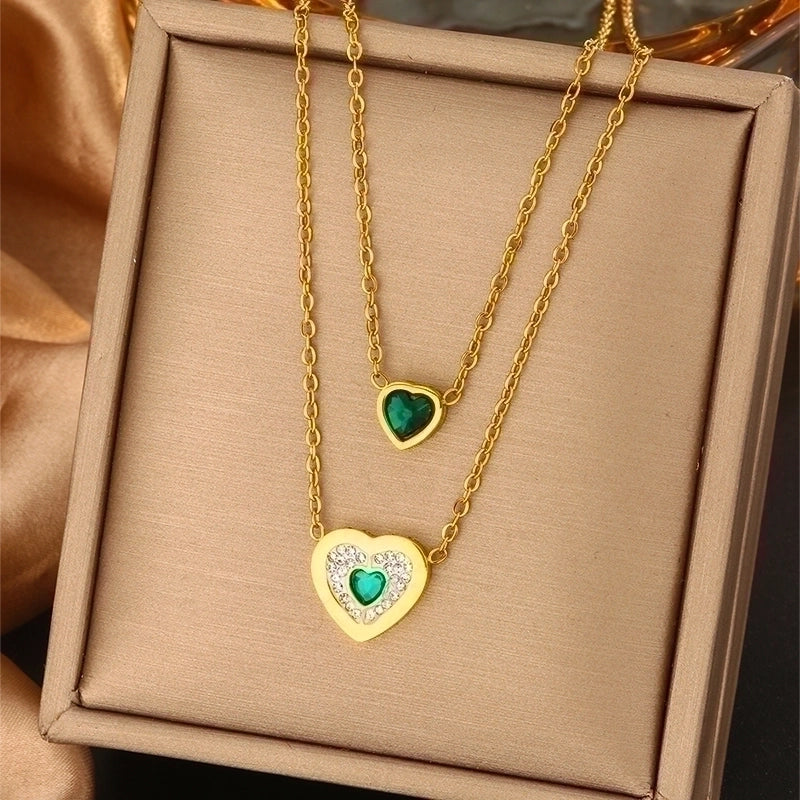 Vintage Style Commute Devil\'s Eye Heart Shape Lock 304 Stainless Steel Turquoise Rhinestones Pearl 18K Gold Plated Plating Inlay Layered Necklaces