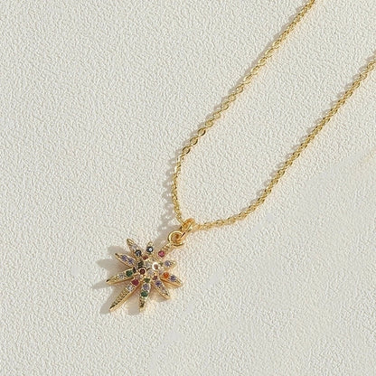 Copper 14K Gold Plated Vintage Style Minimalist Commute Inlay Star Moon Zircon Pendant Necklace