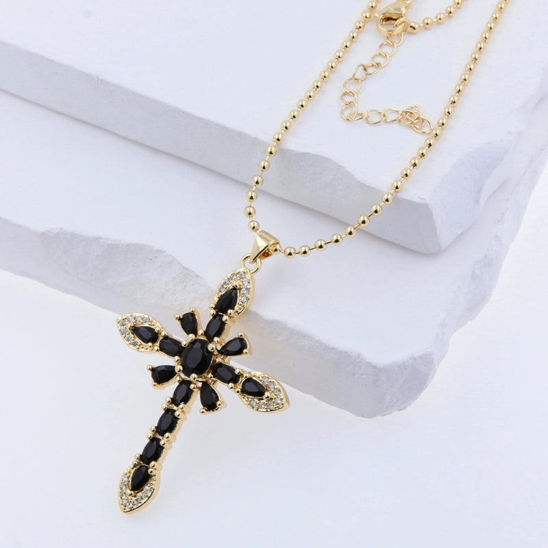 Copper 18K Gold Plated Plating Cross Zircon Pendant Necklace