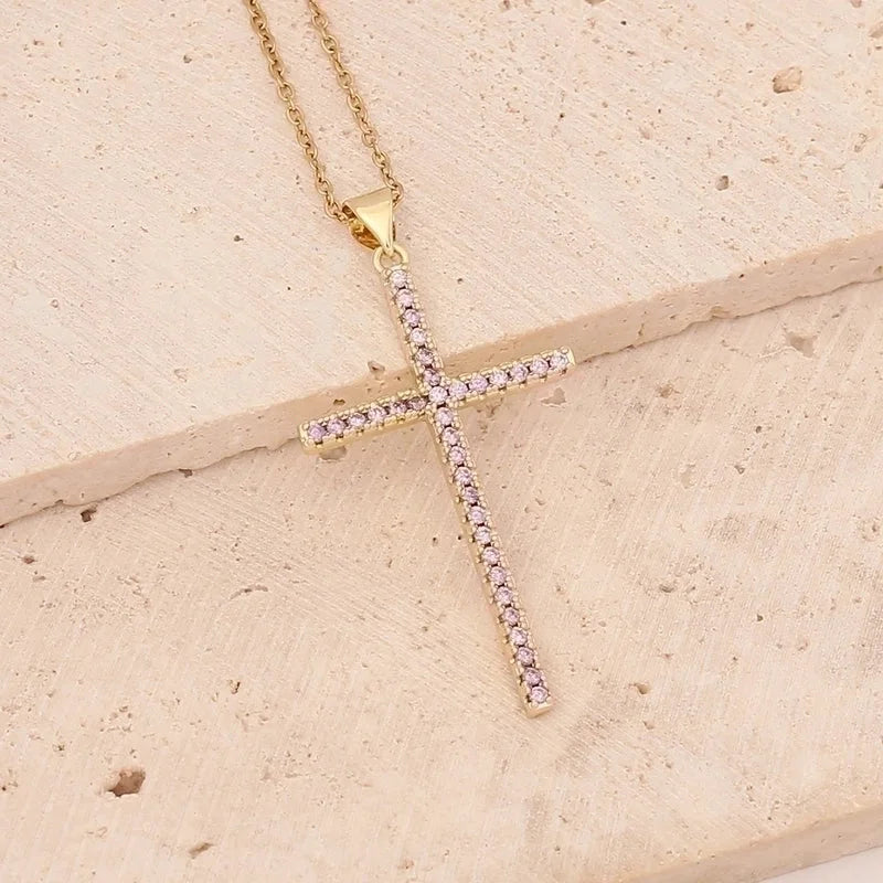 Stainless Steel Copper 18K Gold Plated Fashion Inlay Cross Zircon Pendant Necklace