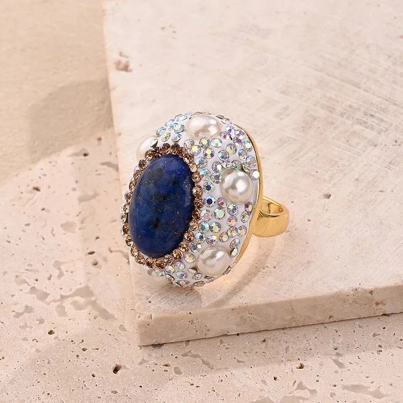 Casual Glam Vacation Irregular Round Oval Amethyst Copper Lapis Lazuli 18K Gold Plated Imitation Pearl Rhinestones Clay Adjustable Ring In Bulk