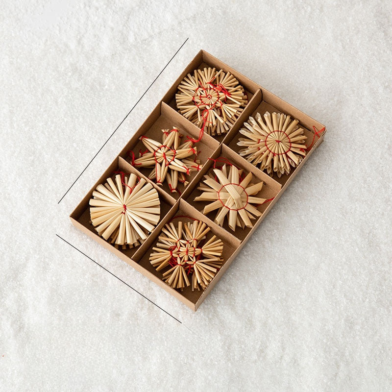 200 Boxes Hot Selling Natural Wheat Straw Handmade Five-pointed Star Snowflake Snowman Christmas Tree Pendant Christmas Decoration
