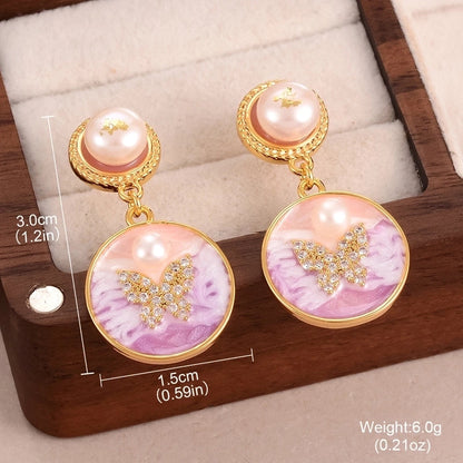 1 Pair Minimalist Classic Style Flower Butterfly Enamel Inlay Alloy Copper Natural Pearl Zircon Drop Earrings