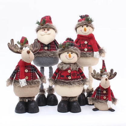 2 Pieces Christmas Stretchable Doll Red Plaid Fabric Doll Gift Elderly Snowman Mall Decoration Ornament Decoration Supplies