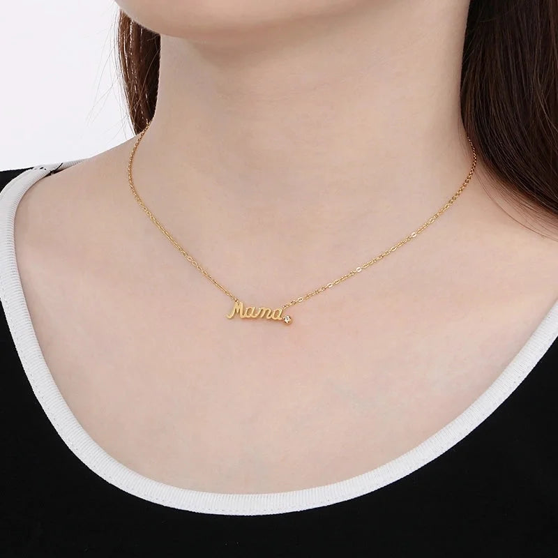 304 Stainless Steel 18K Gold Plated MAMA Minimalist Inlay Letter Zircon Earrings Necklace