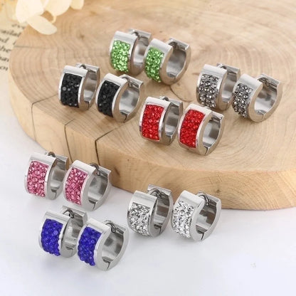 1 Pair Shiny Round Solid Color Inlay Stainless Steel Rhinestones 18K Gold Plated Earrings