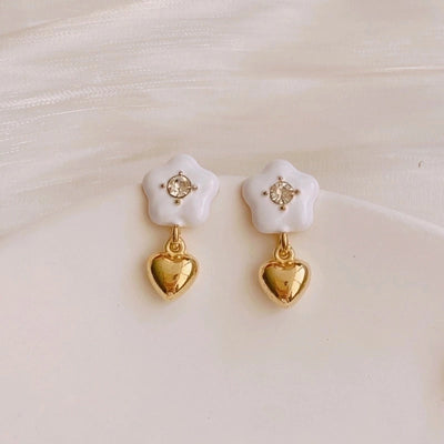 3 Pieces Sweet Heart Shape Rose Flower Inlay Imitation Pearl Alloy Rhinestones Earrings