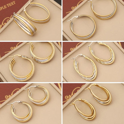IG Style Ellipse Round Stripe Circle Geometric Stainless Steel Electroplating Earrings