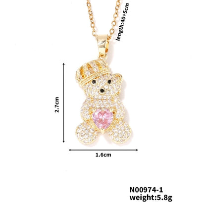 304 Stainless Steel Copper Rhodium Plated Inlay Bear Heart Shape Glass Zircon Pendant Necklace