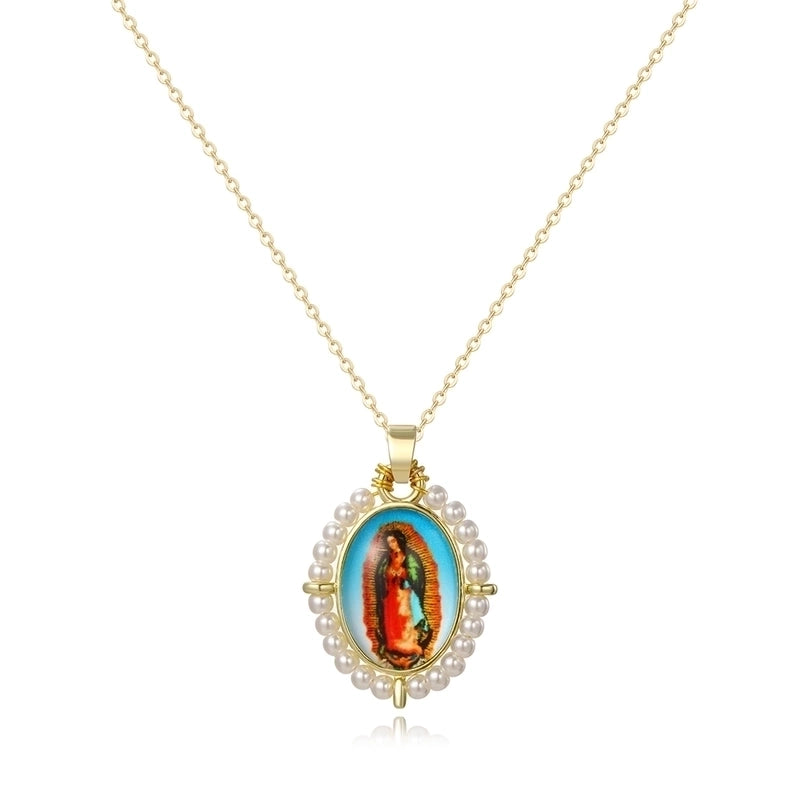 Copper 18K Gold Plated Inlay Human Virgin Mary Acrylic Imitation Pearl Pendant Necklace