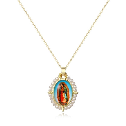 Copper 18K Gold Plated Inlay Human Virgin Mary Acrylic Imitation Pearl Pendant Necklace