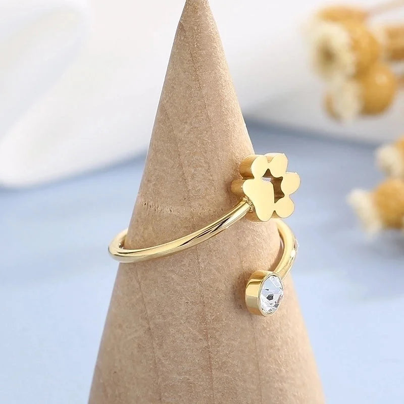 Fashion Paw Print Titanium Steel Zircon 18K Gold Plated Polishing Inlay Stainless Steel Rings