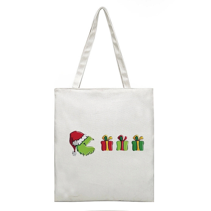 Christmas Peripheral Festival Handbag Canvas Bag Grinch Christmas Monster Green Fur Monster Printed Canvas Book Bag