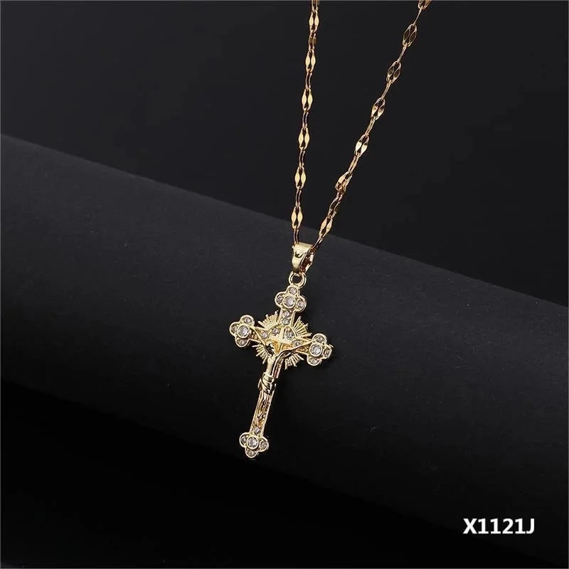 Copper Inlay Cross Zircon Pendant Necklace