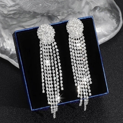 Luxurious Geometric Rhinestone Tassel Drop Earrings 1 Pair