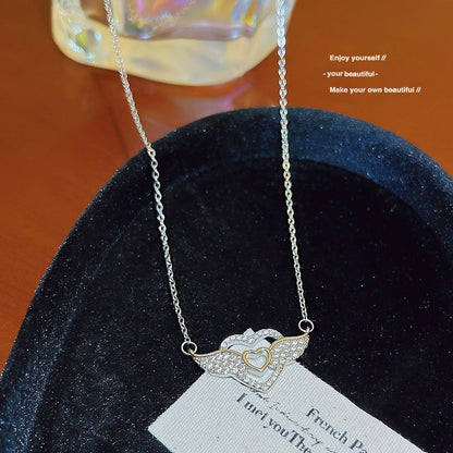 Elegant Classic Style Geometric Moon Bow Knot Titanium Steel Zircon Pendant Necklace