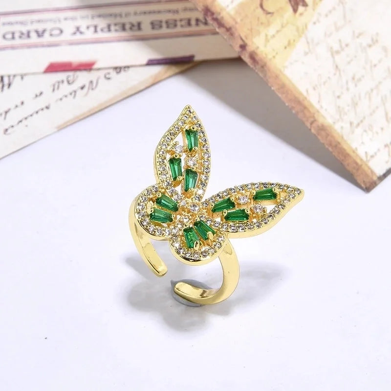 Copper 18K Gold Plated Inlay Butterfly Zircon Open Rings