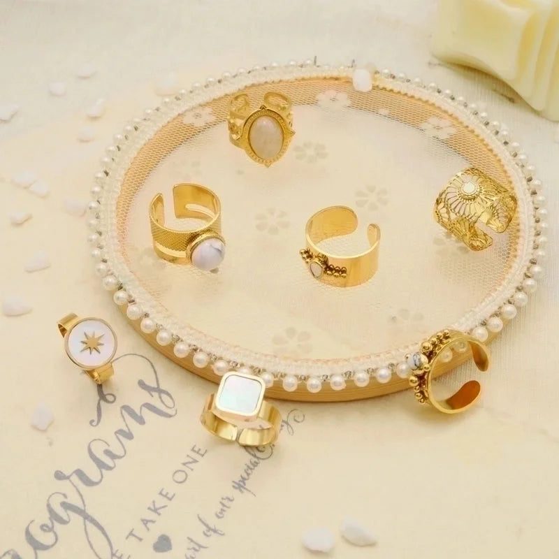 Fashion Geometric 304 Stainless Steel Natural Stone Shell 14K Gold Plated Plating Open Ring