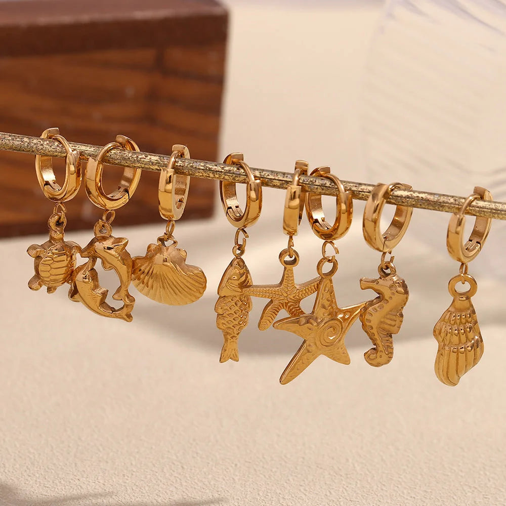 Fashion Dolphin Seahorse Animal Chinese Zodiac Stainless Steel 18K Gold Plated Earrings