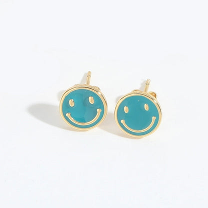 1 Pair Elegant Minimalist Commute Smile Face Enamel Copper 14K Gold Plated Ear Studs