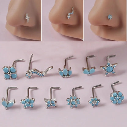 2 Pieces Nose Rings & Studs Minimalist Flower 304 Stainless Steel Turquoise Turquoise