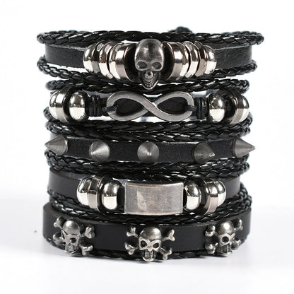 Hip-Hop Retro Punk Infinity Skull Pu Leather Alloy Wooden Beads Halloween Men's Bracelets