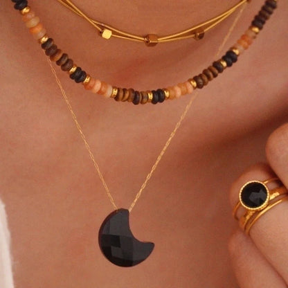 Minimalist Moon Natural Stone Titanium Steel Necklace In Bulk