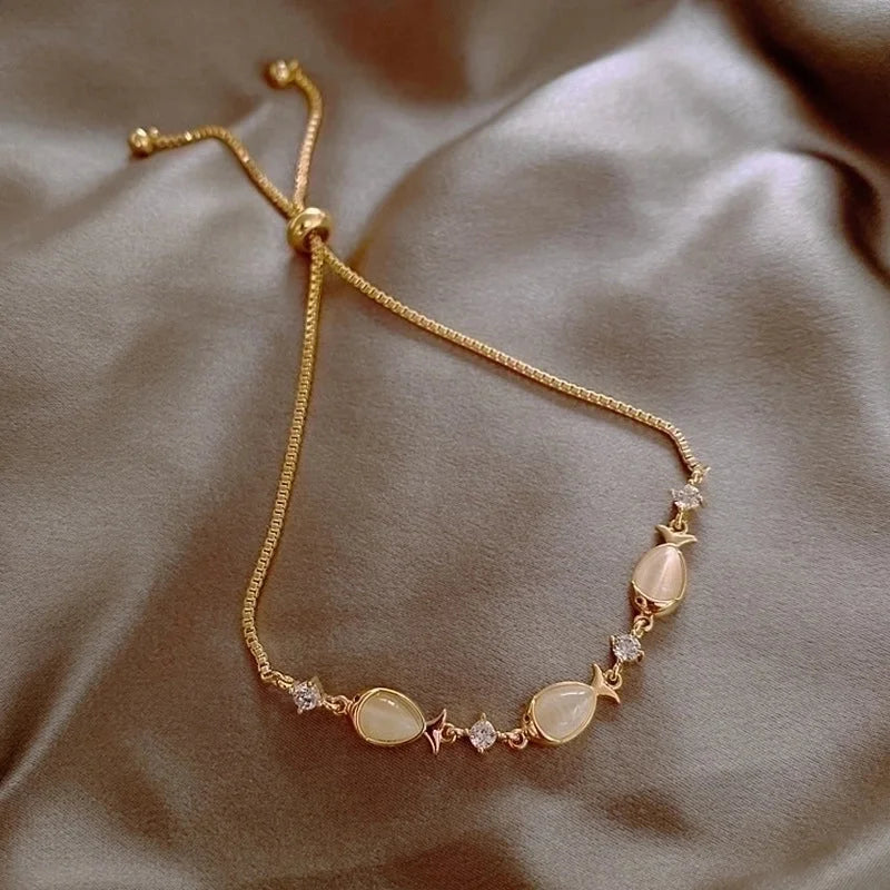 Opal Rhinestone Moon Star Zircon Pullable Adjustable Copper Bracelet