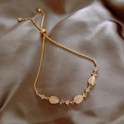 Opal Rhinestone Moon Star Zircon Pullable Adjustable Copper Bracelet