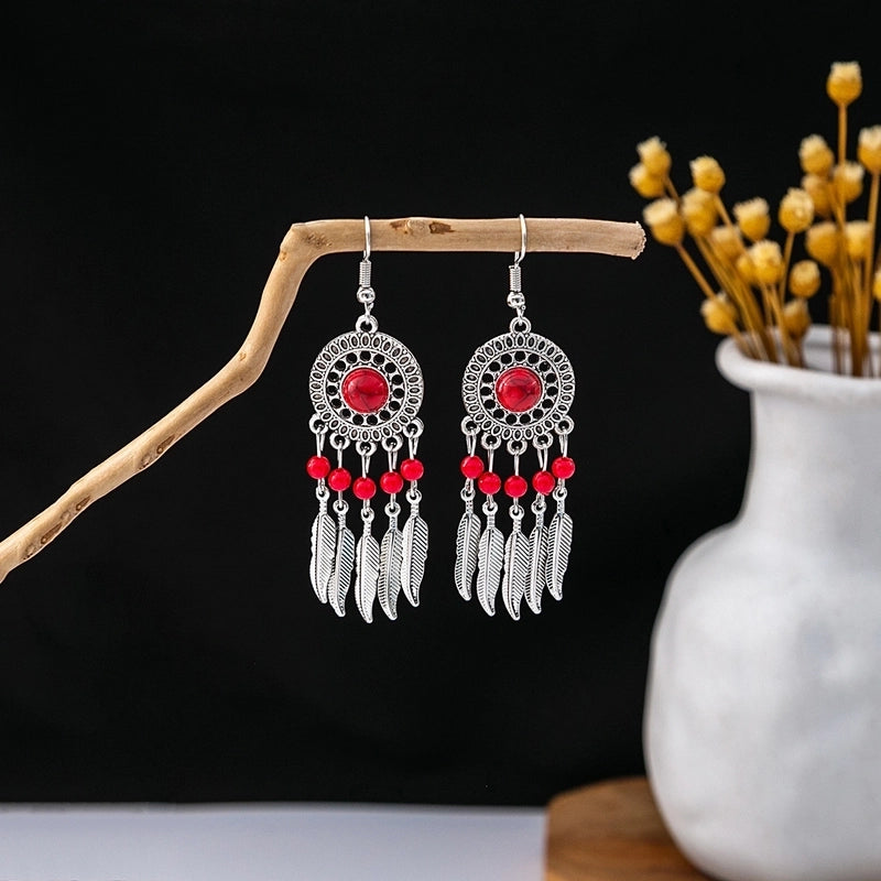 Bohemian Blue Turquoise National Style Earrings Imitation Miao Silver Metal Earrings Vintage Tassel Earrings
