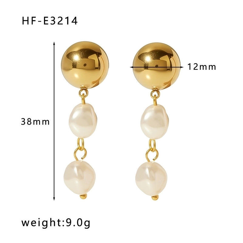 1 Pair Minimalist Round Patchwork 304 Stainless Steel Artificial Pearls Freshwater Pearl 18K Gold Plated Drop Earrings
