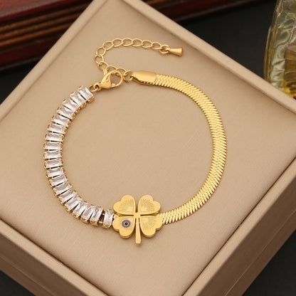 Casual Minimalist Four Leaf Clover Devil's Eye Butterfly Stainless Steel Plating Inlay Zircon Bracelets