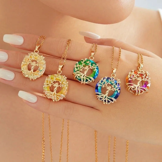 Vintage Style Classic Style World Tree 304 Stainless Steel Copper Crystal K Gold Plated Plating Inlay Pendant Necklace O-shaped Chain