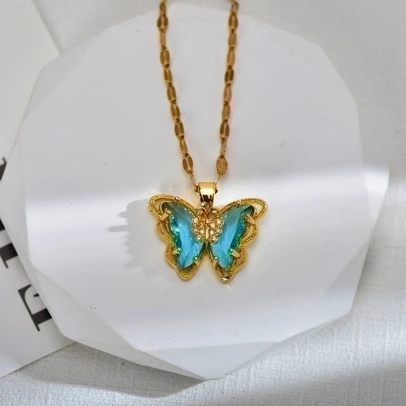 Sweet Butterfly Titanium Steel Copper Zircon Gold Plated Inlay Pendant Necklace