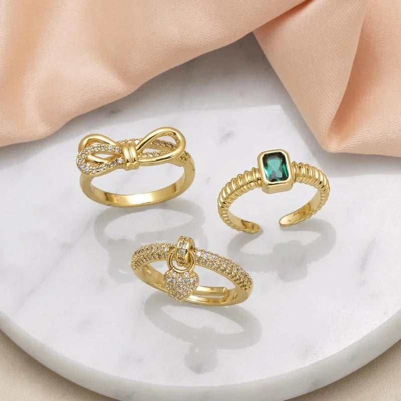 Copper 18K Gold Plated Plating Inlay Bow Knot Zircon Open Rings