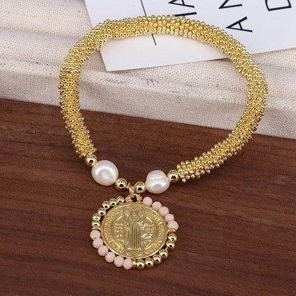 Copper 18K Gold Plated Handmade Pearl Human Round Virgin Mary Crystal Bracelets