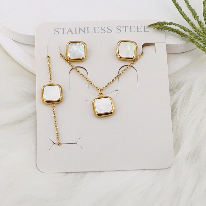 Minimalist Classic Style Square Shell 304 Stainless Steel Gold Plated Jewelry Set