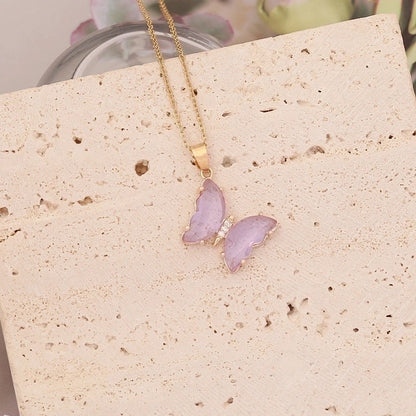 Stainless Steel Glass Copper 18K Gold Plated Cute Butterfly No Inlaid Pendant Necklace