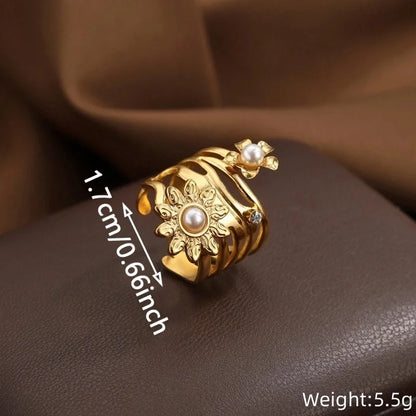 IG Style Elegant Classical Flower Chrysanthemum 304 Stainless Steel Imitation Pearl Opal Open Rings
