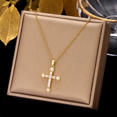 2 Pieces Ethnic Style Cross Stainless Steel Inlay Zircon Pendant Necklace