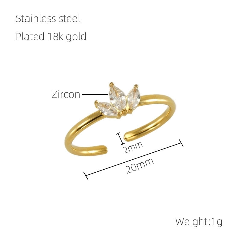 Casual Minimalist Leaves Heart Shape Crown 304 Stainless Steel Zircon 18K Gold Plated Inlay Open Rings