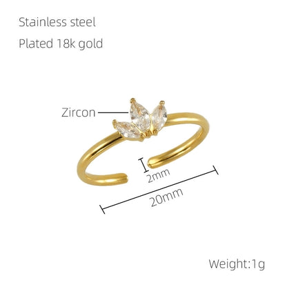 Casual Minimalist Leaves Heart Shape Crown 304 Stainless Steel Zircon 18K Gold Plated Inlay Open Rings