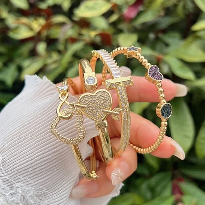 Minimalist Classic Style Heart Shape Copper 18K Gold Plated Bangle