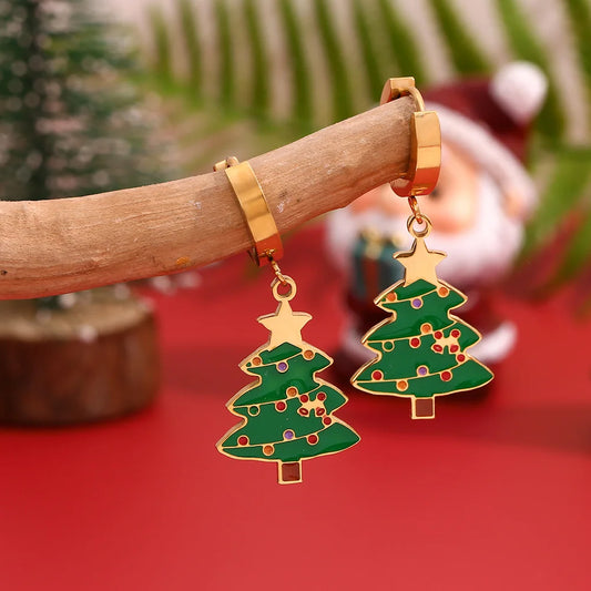 Fashionable Cute Cartoon Personality Hot-selling Earrings Stainless Steel Plated 18k Gold Christmas Tree Series Oil Drop Earrings