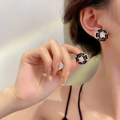 3 Pieces Sweet Heart Shape Rose Flower Inlay Imitation Pearl Alloy Rhinestones Earrings