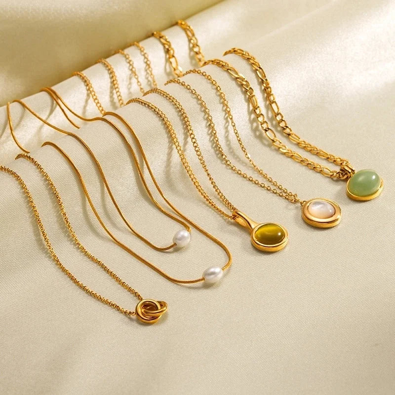 Retro Geometric Round Titanium Steel Agate Tiger Eye Plating Pendant Necklace