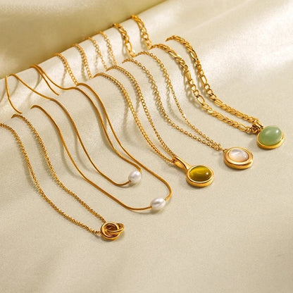 Retro Geometric Round Titanium Steel Agate Tiger Eye Plating Pendant Necklace