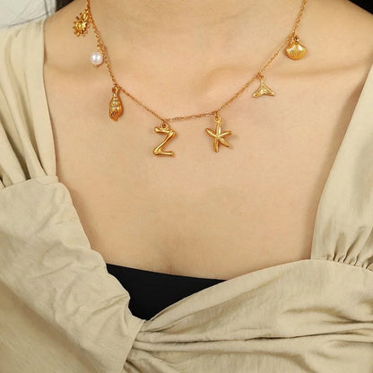 Beach Starfish 304 Stainless Steel Artificial Pearls 18K Gold Plated Polishing Inlay Pendant Necklace